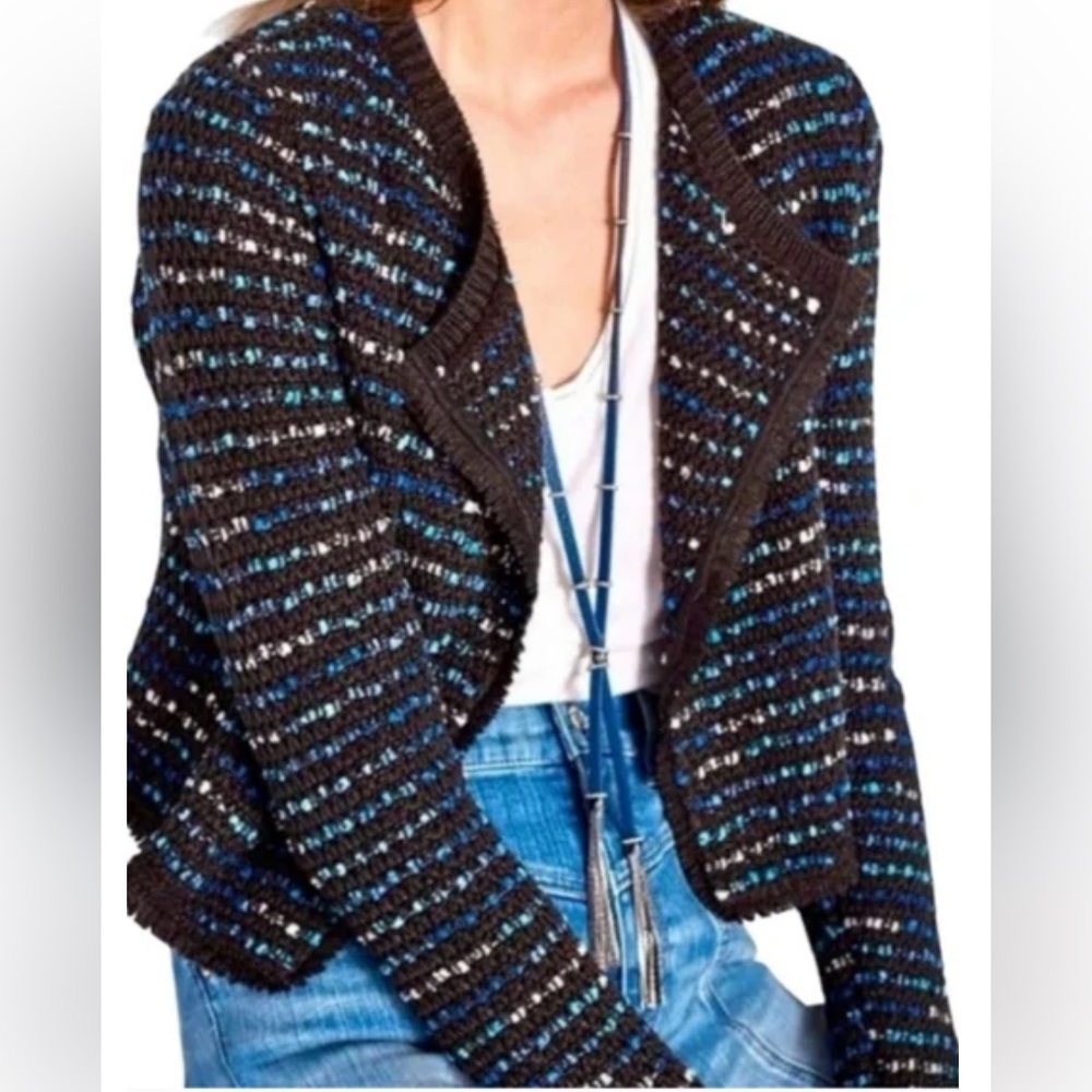 WHBM Tweed Moto Jacket Blazer Cropped Open Front Long Sleeve Blue Black Women XL